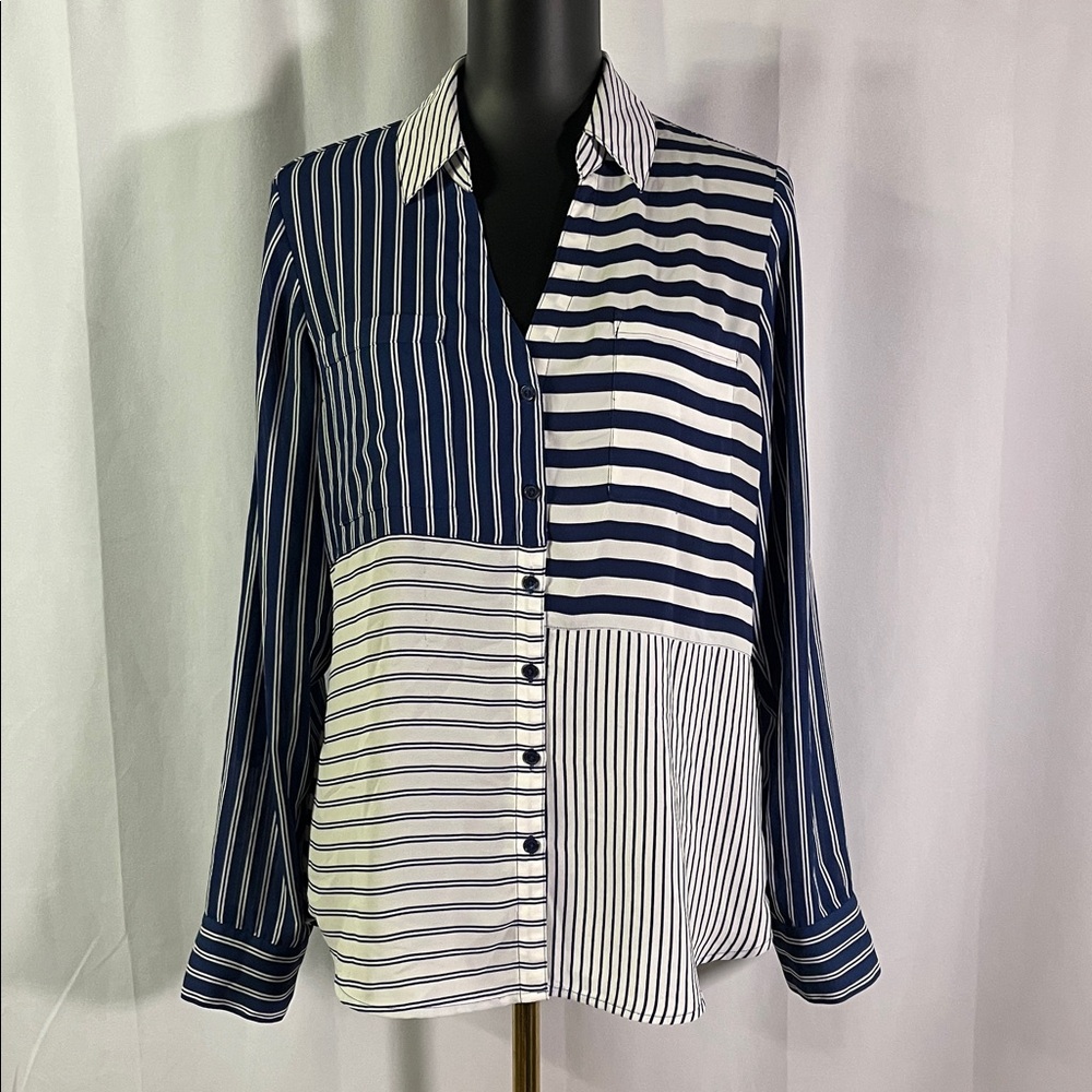 Express Blue Patchwork Stripe Roll-Tab Sleeve But… - image 1